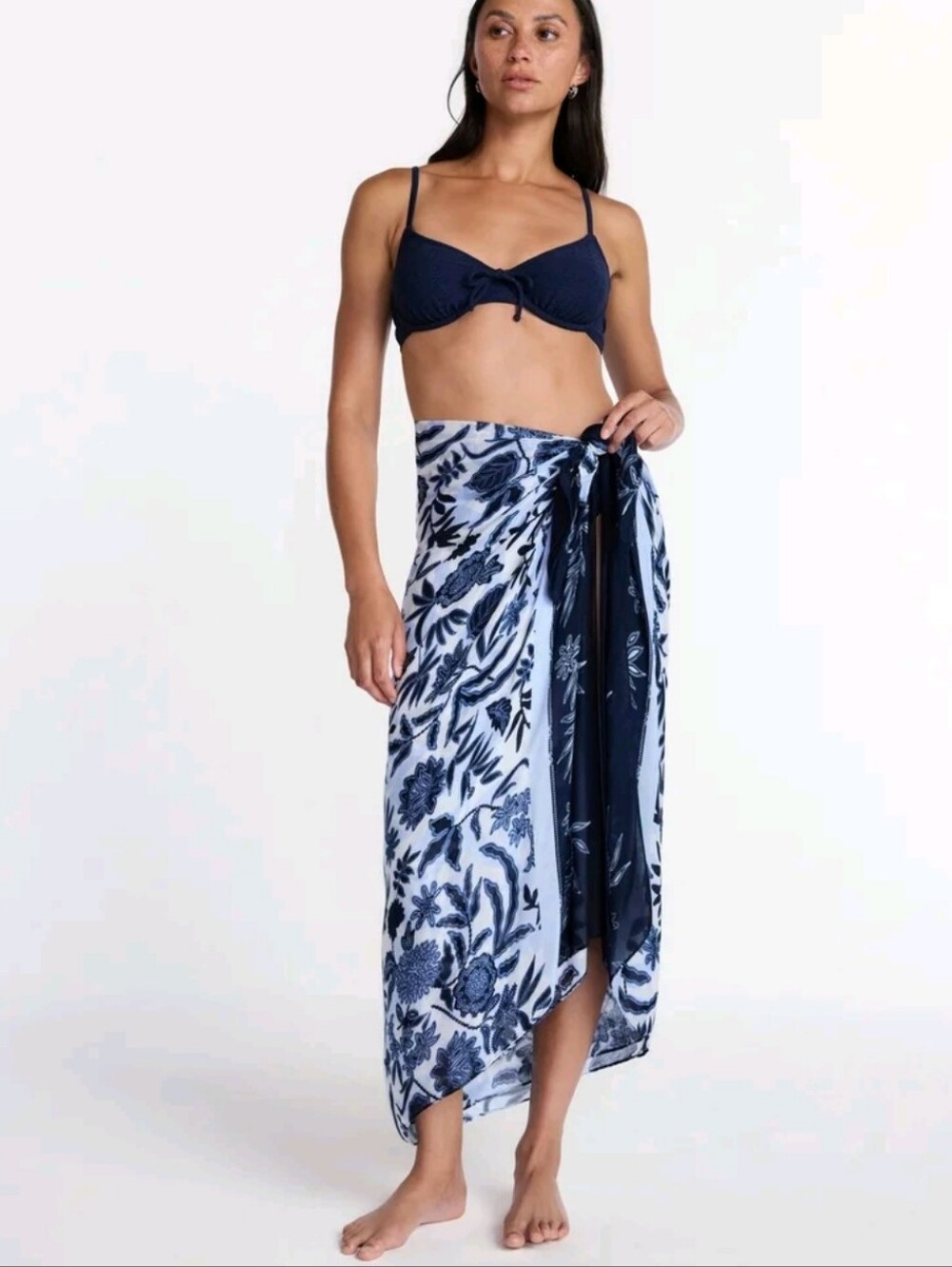 Light Blue and Navy Floral Print Swim Sarong